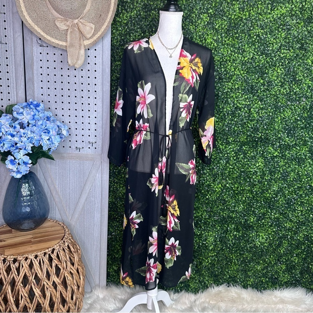 Black floral‎ sheer  tassel kimono nwt